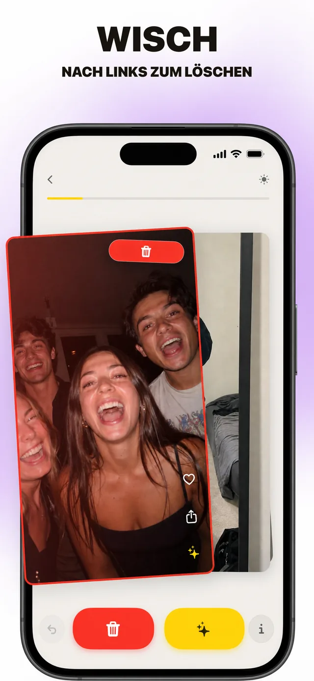 App-Screenshot: nach links wischen, um Fotos zu löschen