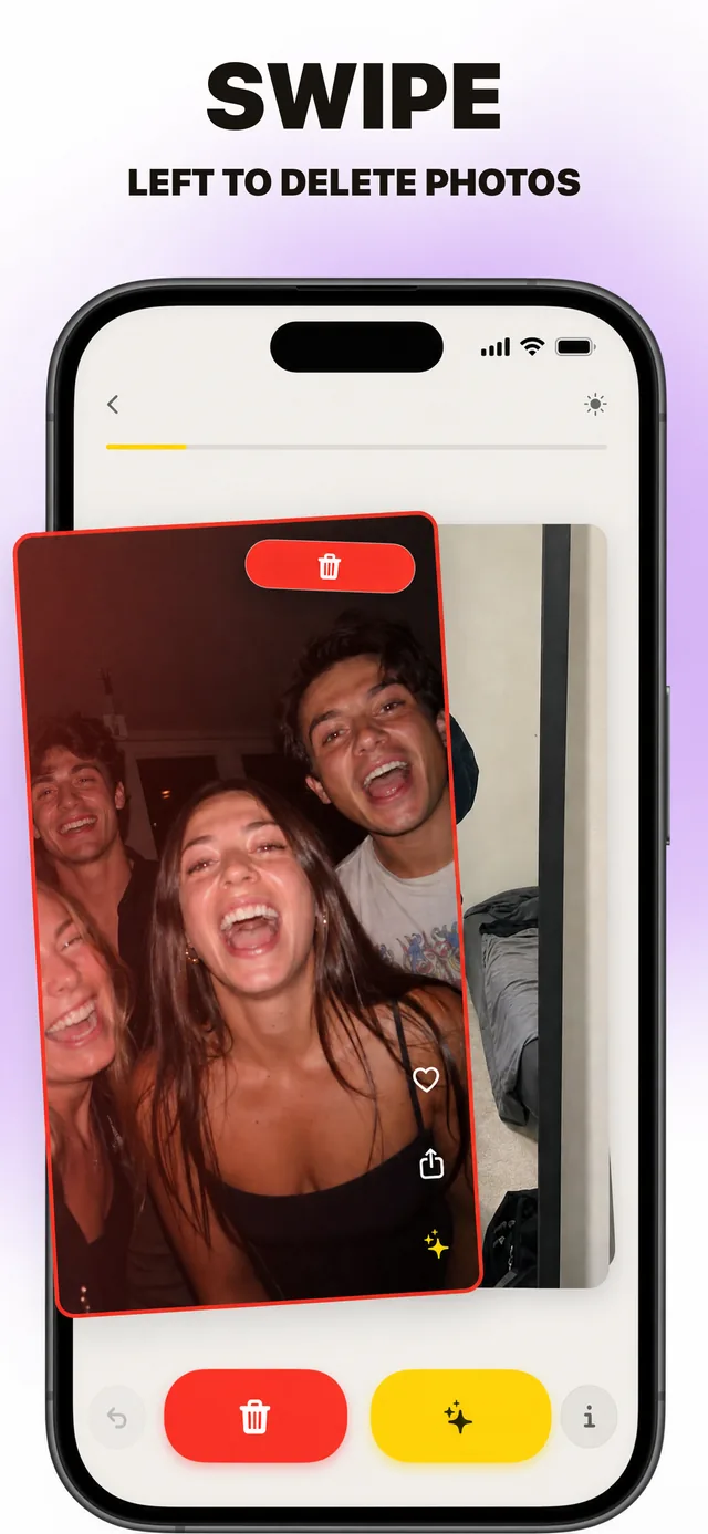 App screenshot: swipe left to delete photos