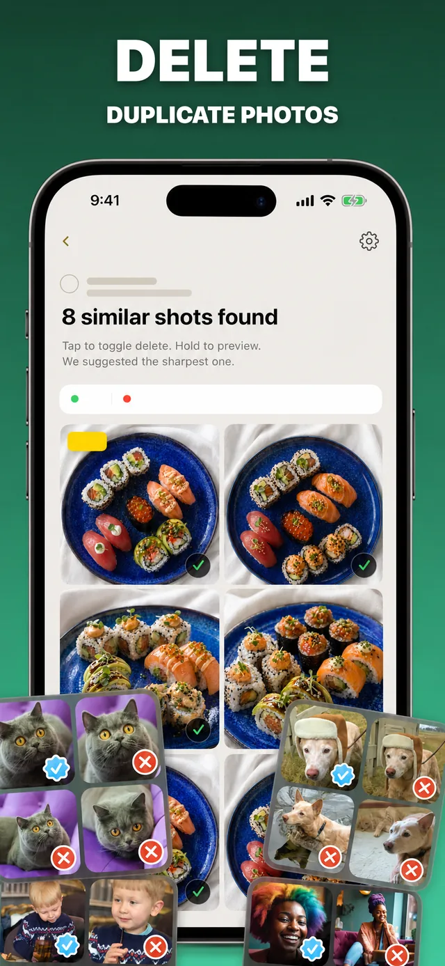 App screenshot: delete duplicate photos in one grid