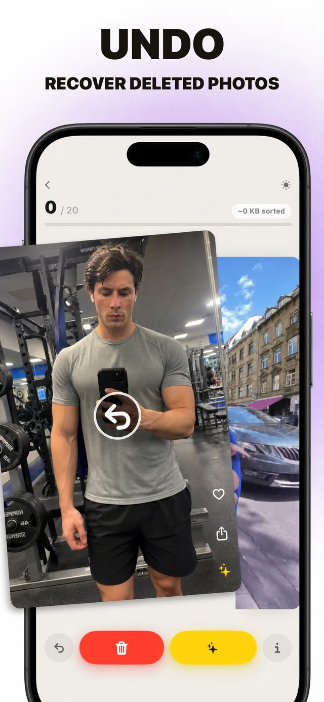 App screenshot: undo and recover deleted photos