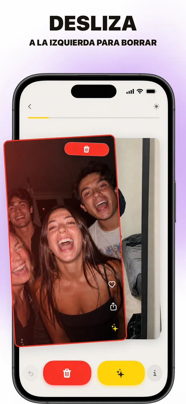 Captura de la app: desliza a la izquierda para borrar fotos