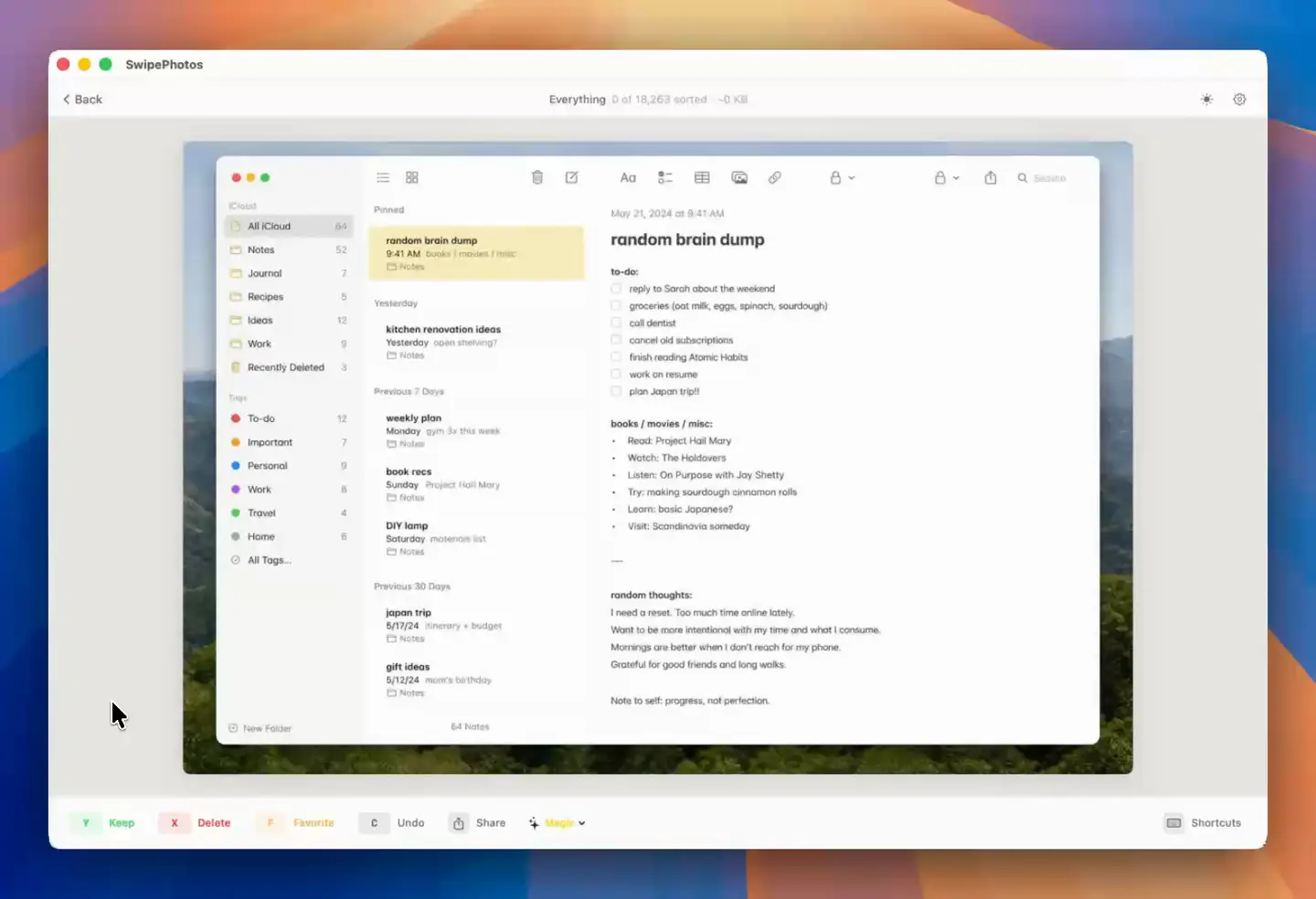 SwipePhotos running on a MacBook: a sunset photo mid-review with the KEEP stamp and the keyboard action bar