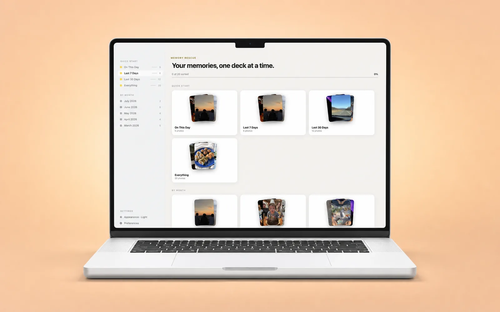 SwipePhotos for Mac home screen showing the photo library grouped into monthly decks with progress